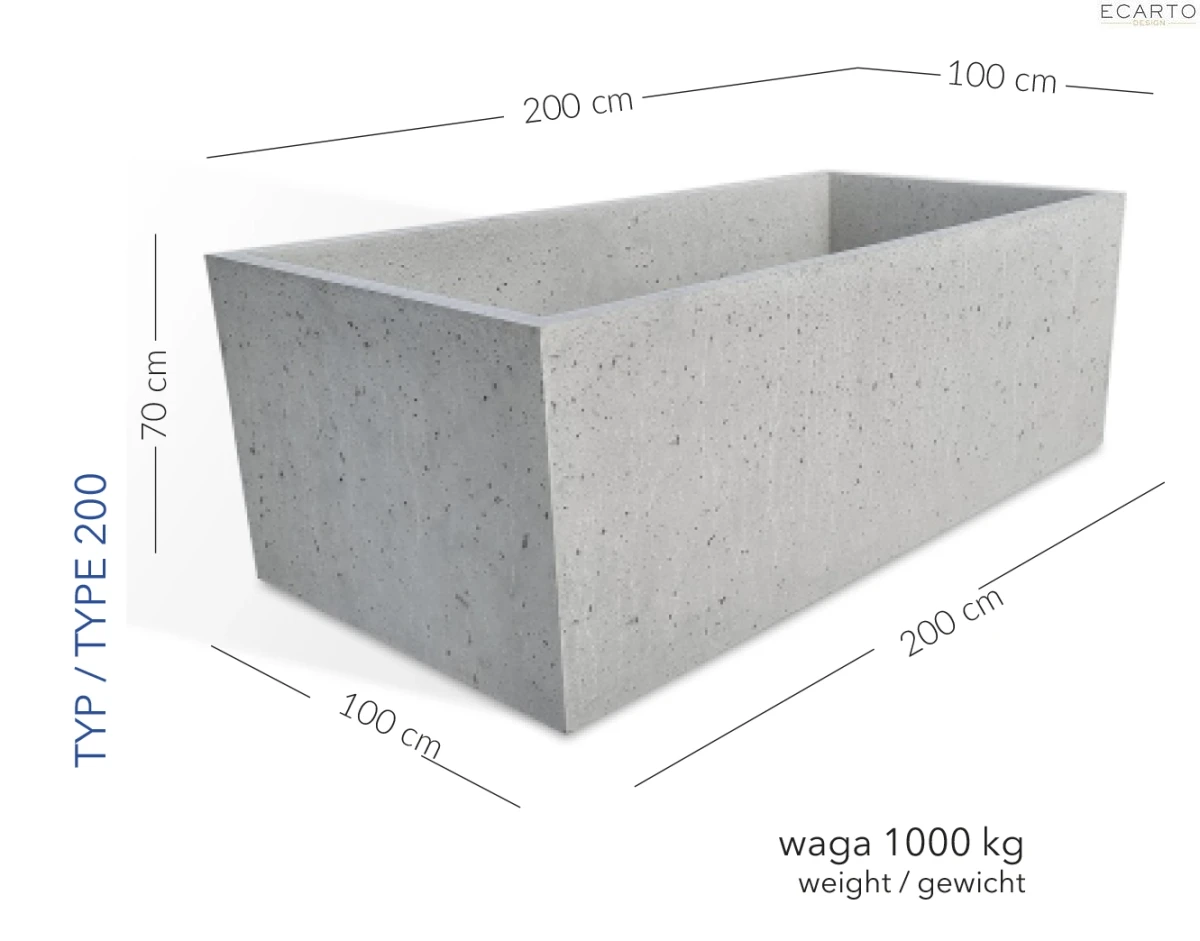 Donica Pompeja 200 x100 x 70 h jasny szary TYP 200