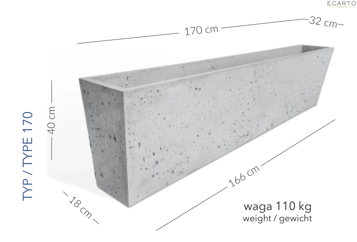 Donica Mediolan 170 x 32 x 40 h  jasny szary TYP 170