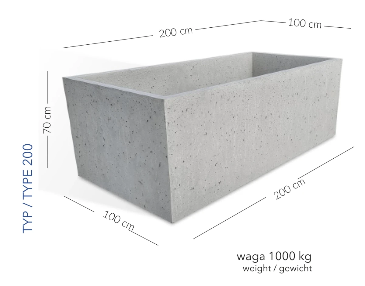 Donica Pompeja 200 x100 x 70 h jasny szary TYP 200